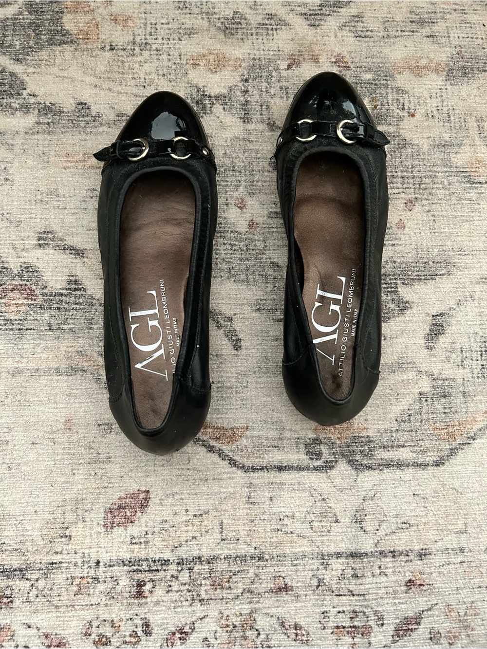 AGL Black Leather Ballet Flats with Patent Toe and Horsebit